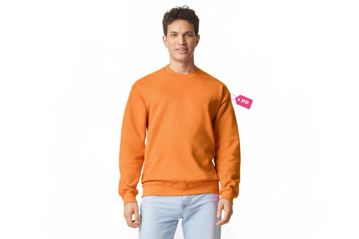 Gildan GD66 orange sweatshirt on a male model with blue jeans