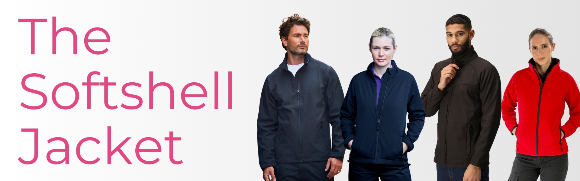 Four models wearing soft shells standing side by side under a headline that reads 'The Softshell Jacket'.