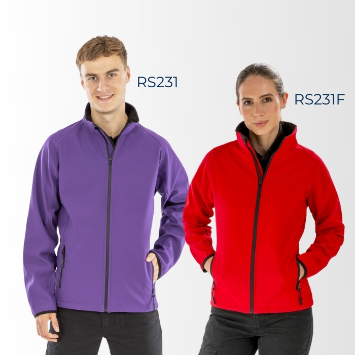 Female model wearing Result RS231F in red and male model wearing Result RS231 in purple 