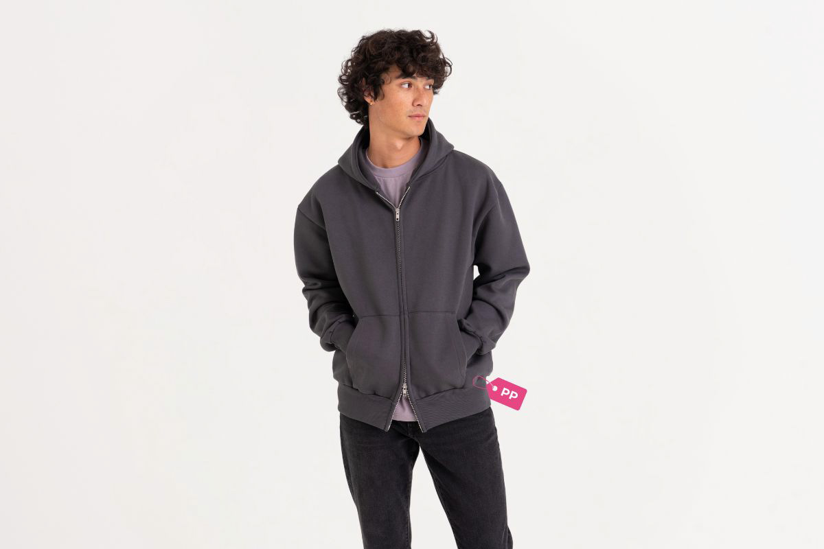 Just Hoods JH125 dark grey zipped hoodie with silver zip on a male model